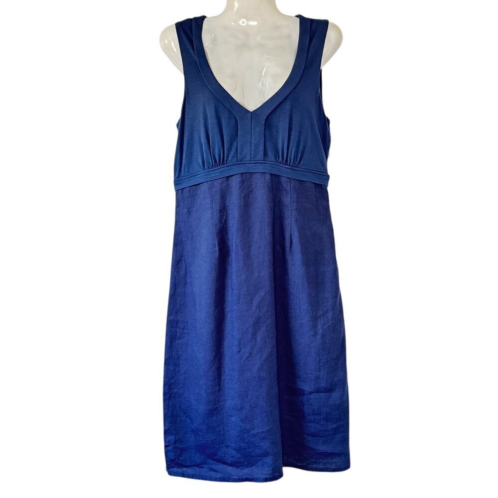 Boden Linen Day Dress Navy Babydoll Stretch Top Side Zip V Neck Classic Size 6